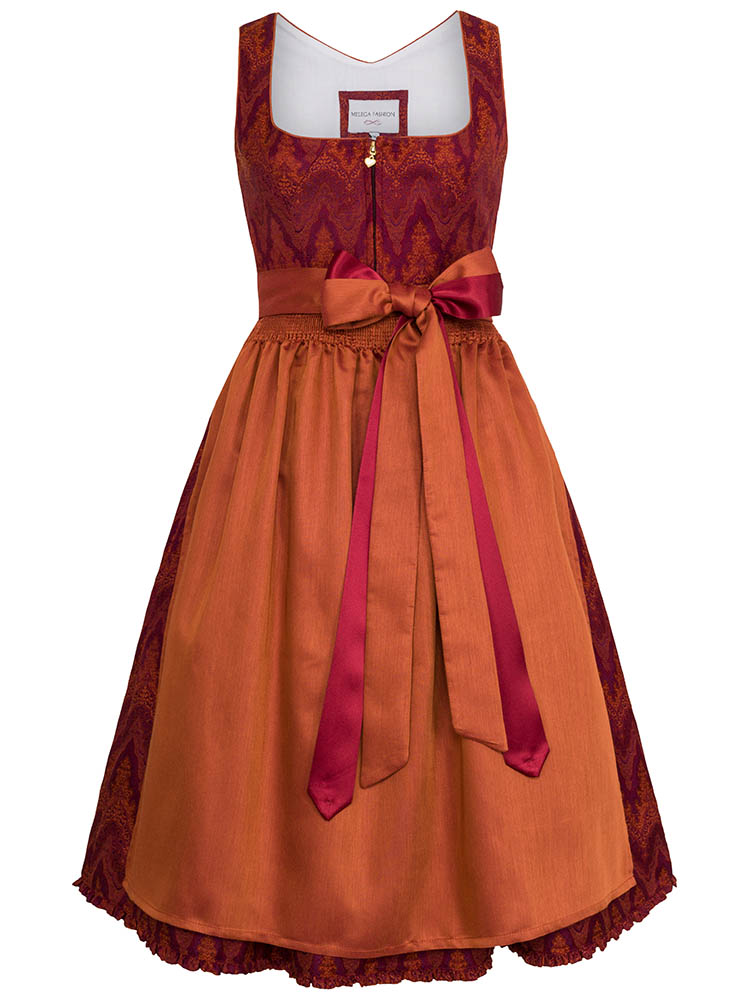 Melega Dirndl Ekatarina 70er Länge orange Mididirndl Webmuster Muster Damen